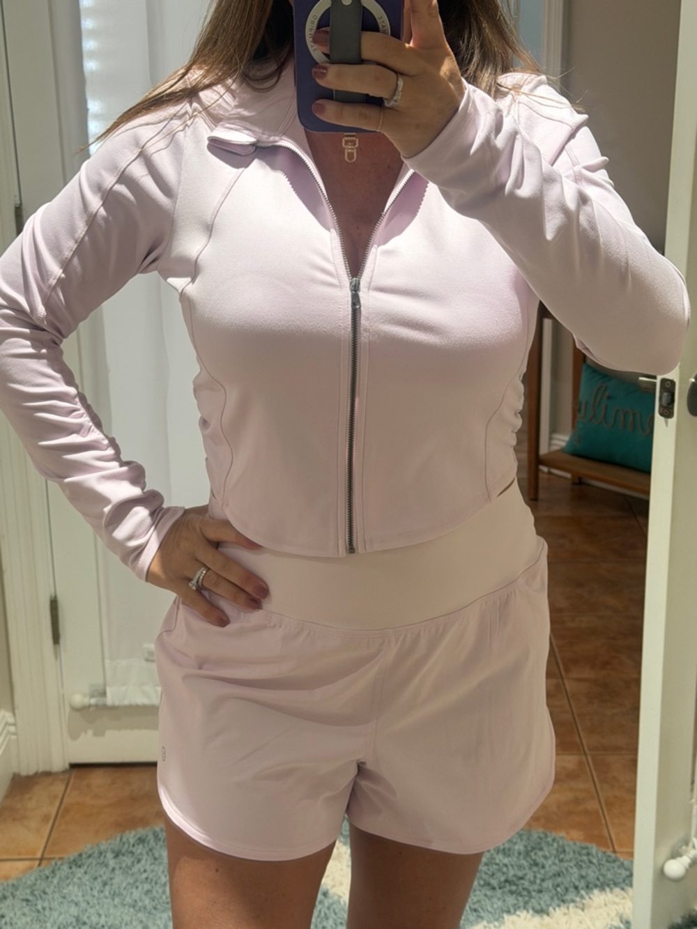 Light Pink Zip-Up Athletic Jacket and Shorts Set